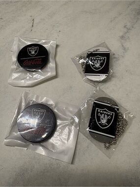 Raiders Black Logo Button and Dog Tag Lot